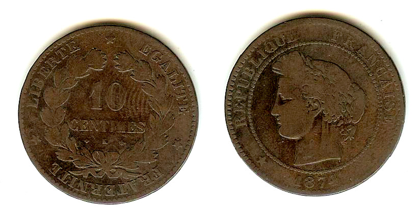 10 centimes Cérès 1874 Bordeaux B+ à TB-